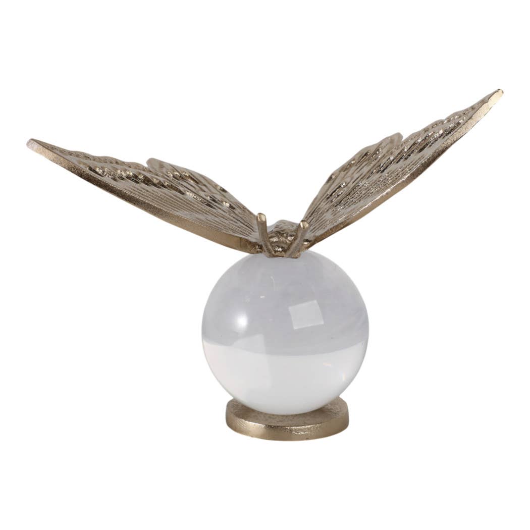 Decorative Object - Gold Metal Butterfly on Glass Orb, 8 in.