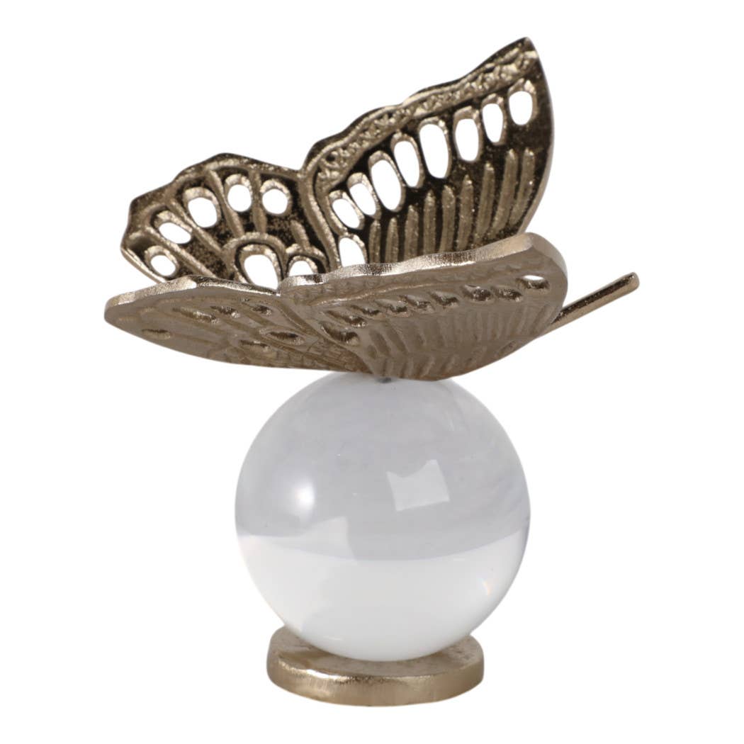 Decorative Object - Gold Metal Butterfly on Glass Orb, 8 in.