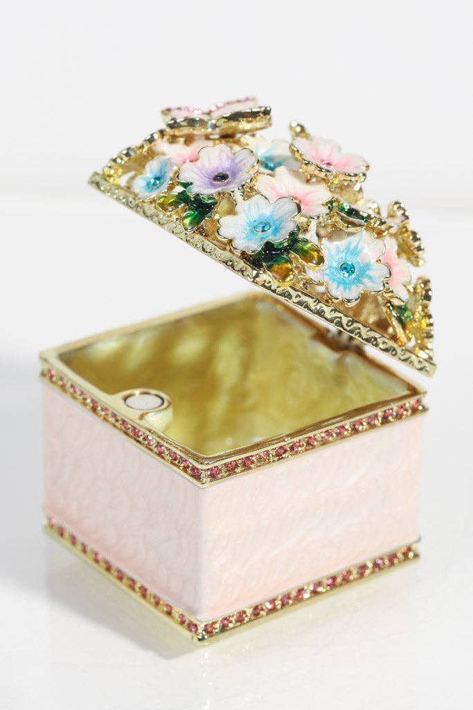 Square Pink Enamel Jewelry Box with Floral Cluster