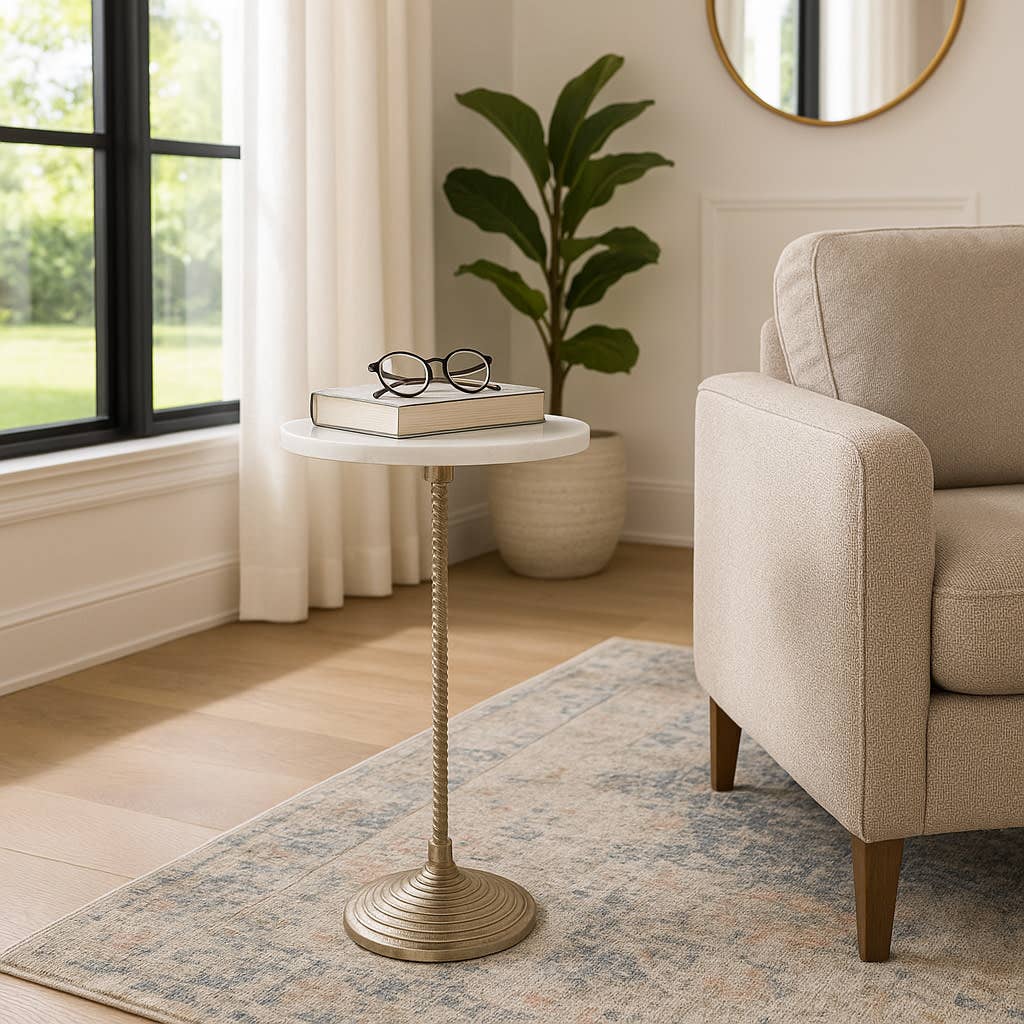 Drink Table - White Marble Top Pedestal Metal Base, 26 in.