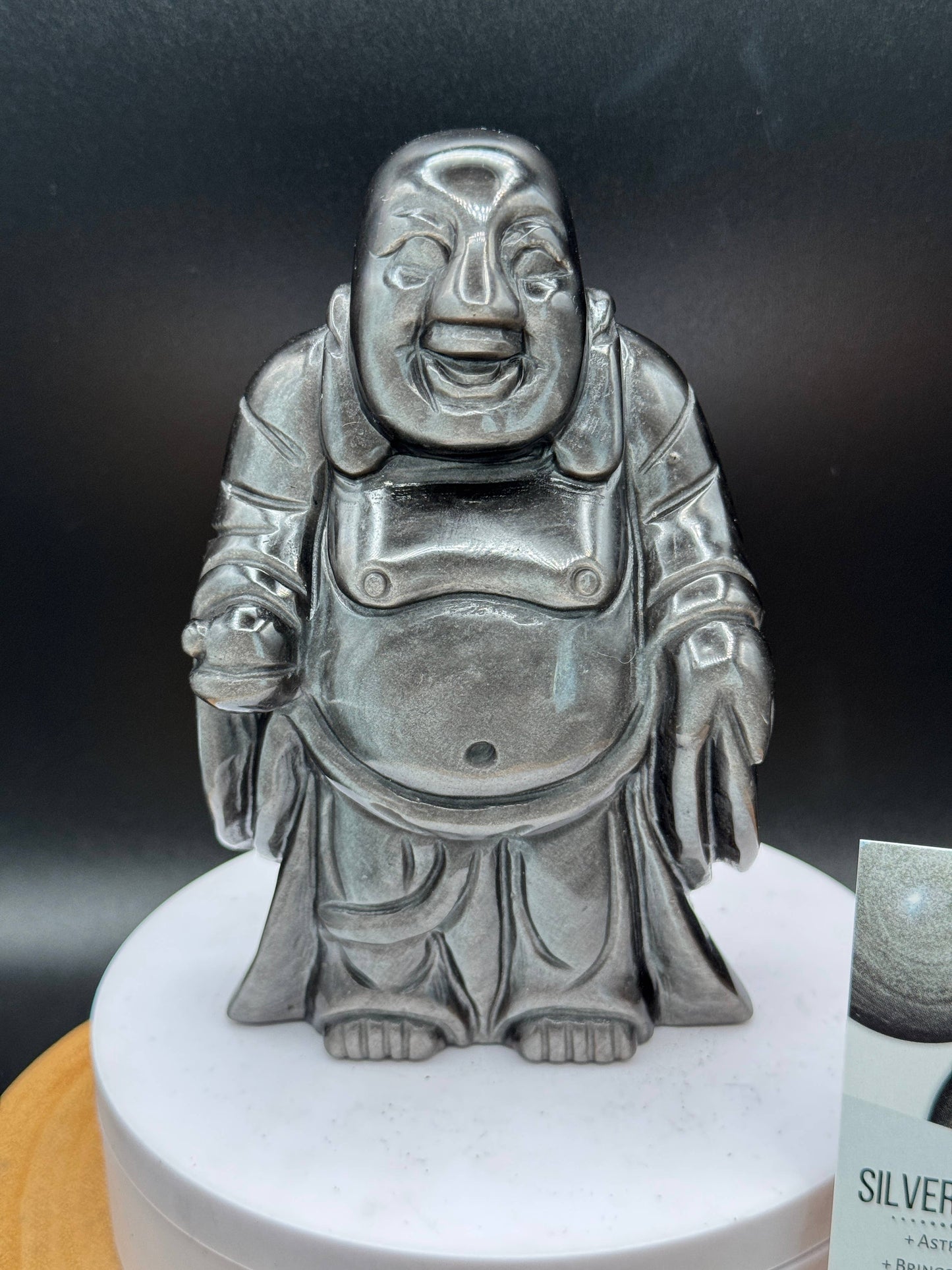 Silver Sheen Obsidian Laughing Happy Buddha carving H249