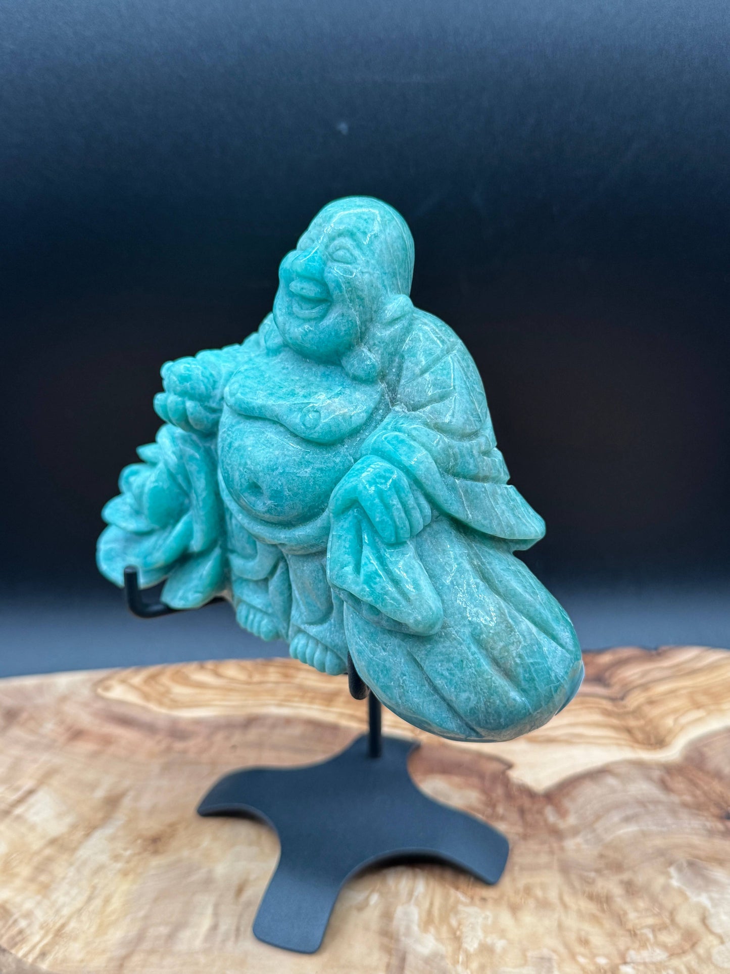 Amazonite Laughing Happy Buddha & Rose Carving L325