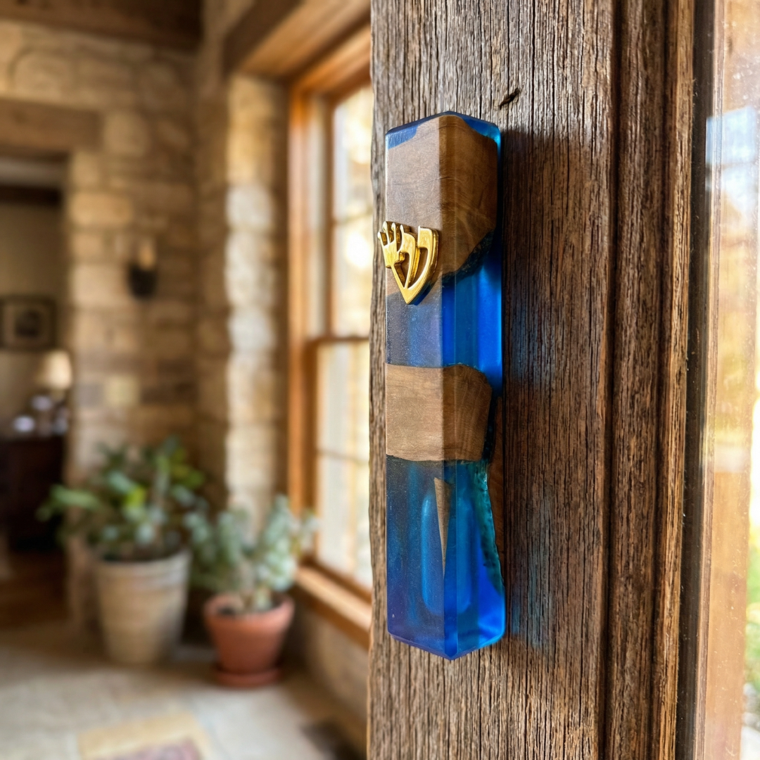 Modern Olive Wood & Dark Blue Resin Mezuzah – Hand-Poured