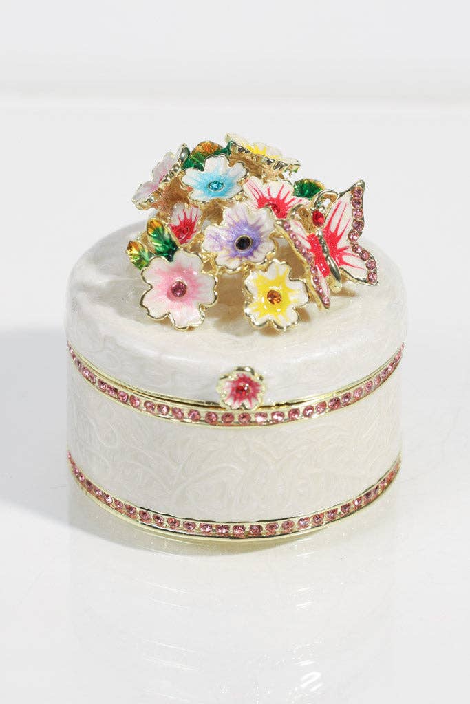 White Enamel Floral Jewelry Box with Butterfly