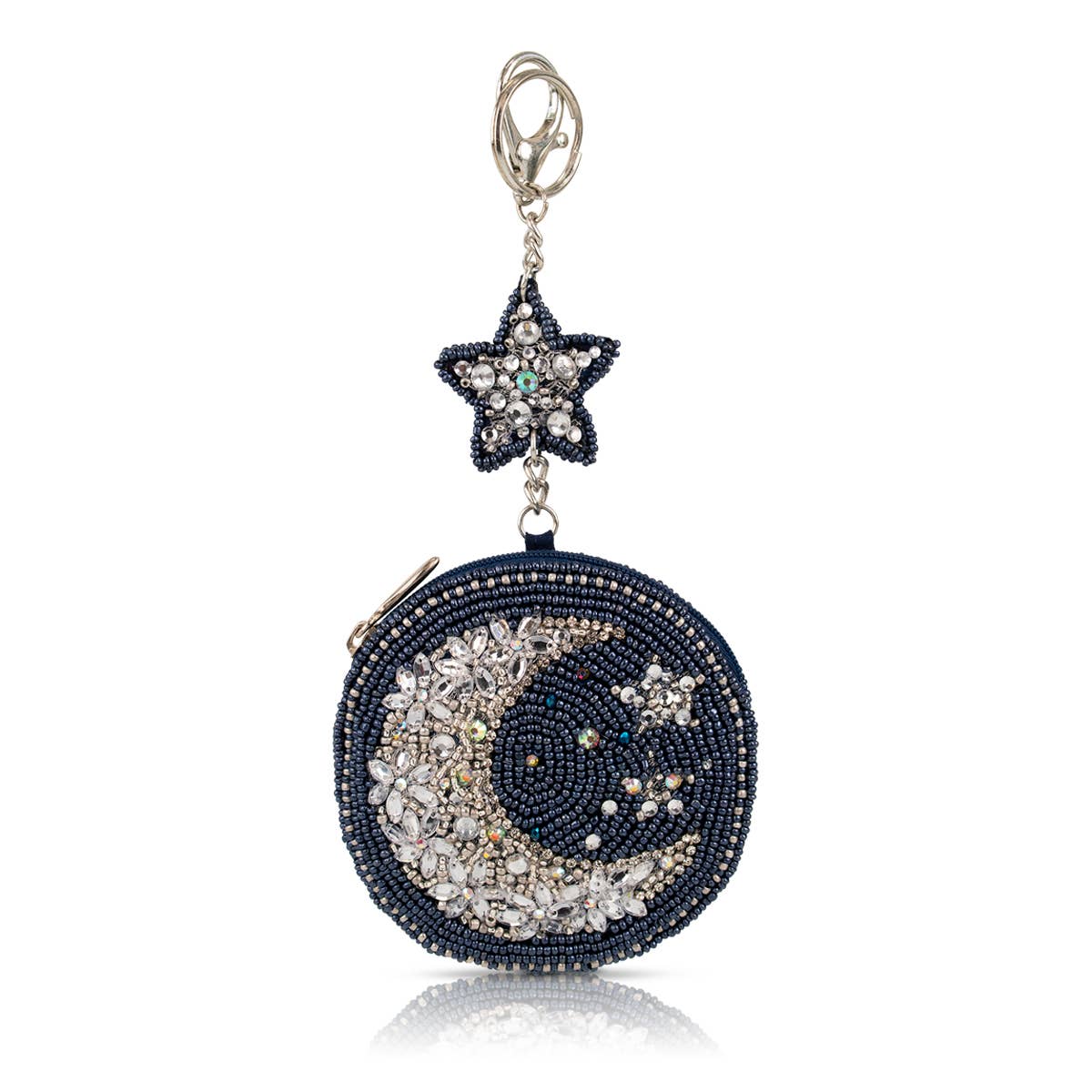 Starry Night Silver Blue Moon Beaded Coin Purse