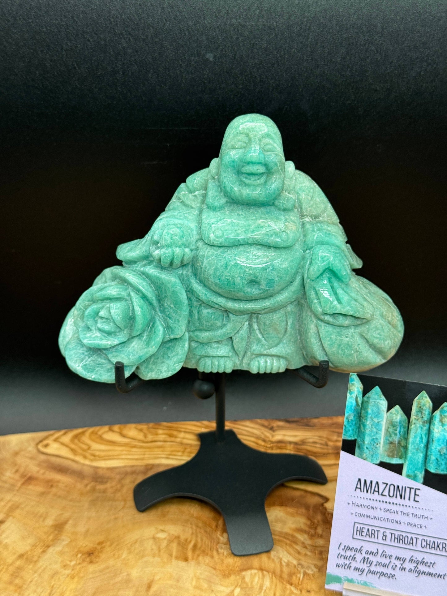 Amazonite Laughing Happy Buddha & Rose Carving L325