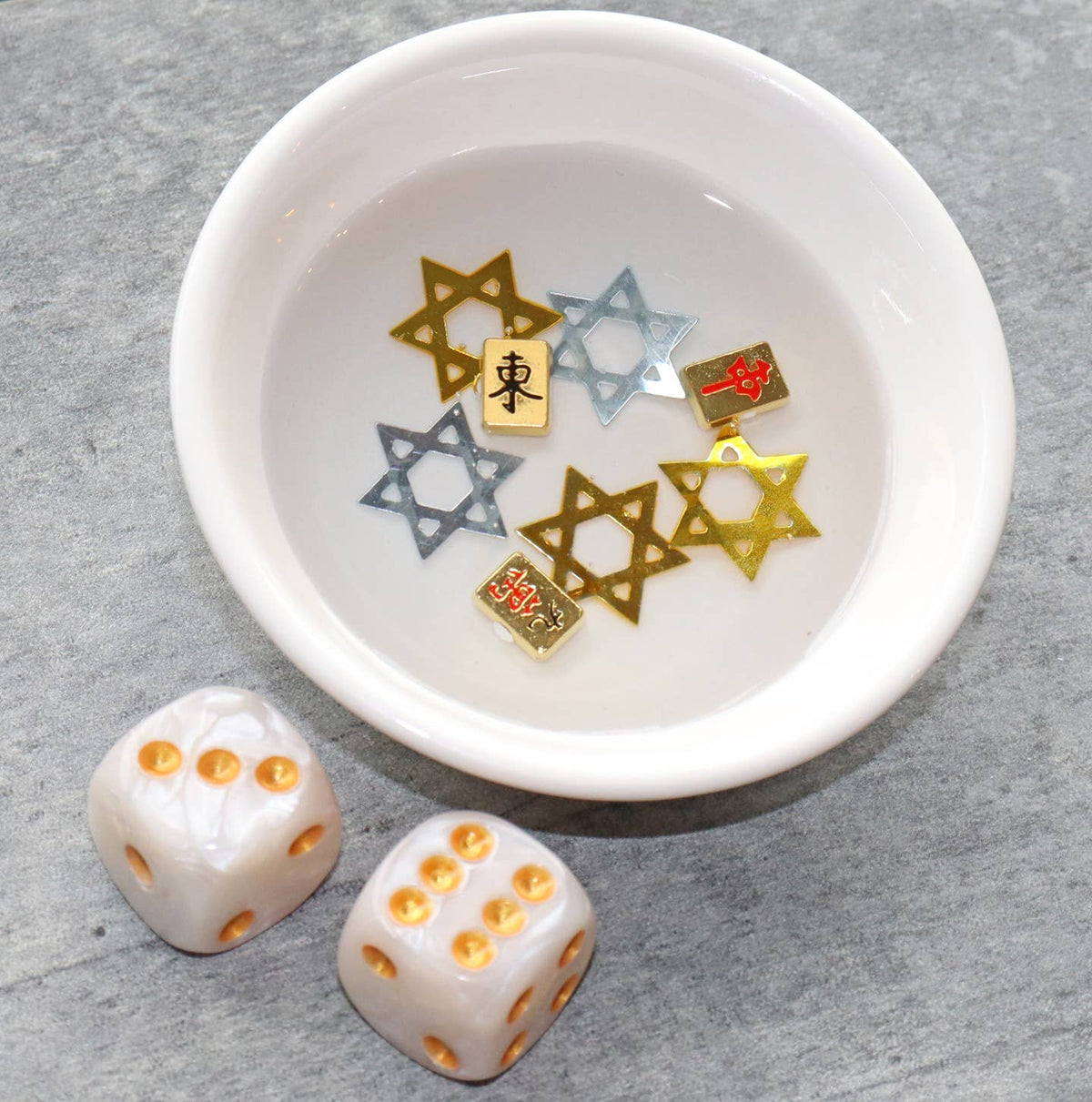 Mahjong Jewish Stars Round Ceramic Dish W/ Dice