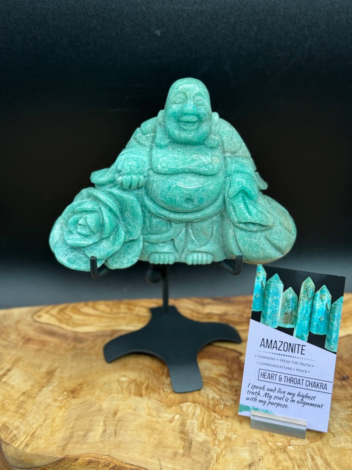 Amazonite Laughing Happy Buddha & Rose Carving L325