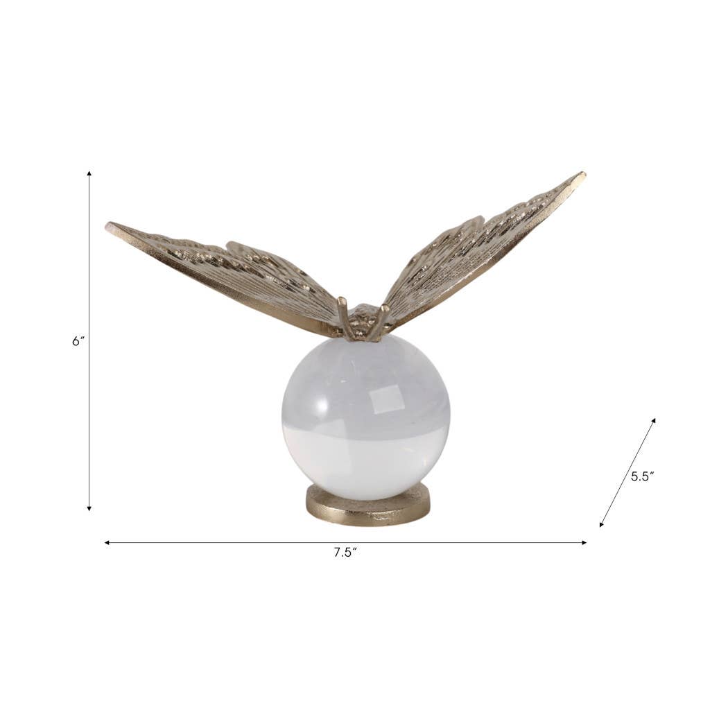 Decorative Object - Gold Metal Butterfly on Glass Orb, 8 in.