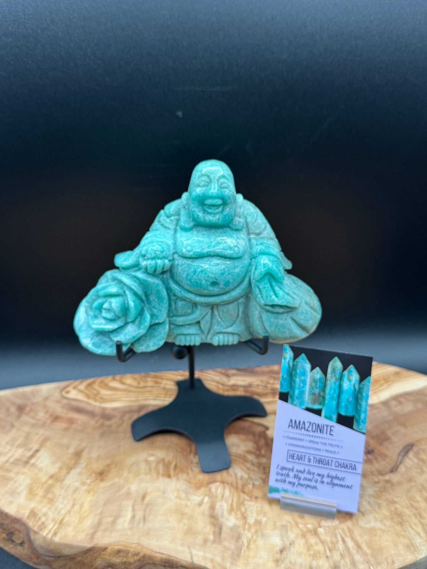 Amazonite Laughing Happy Buddha & Rose Carving L325