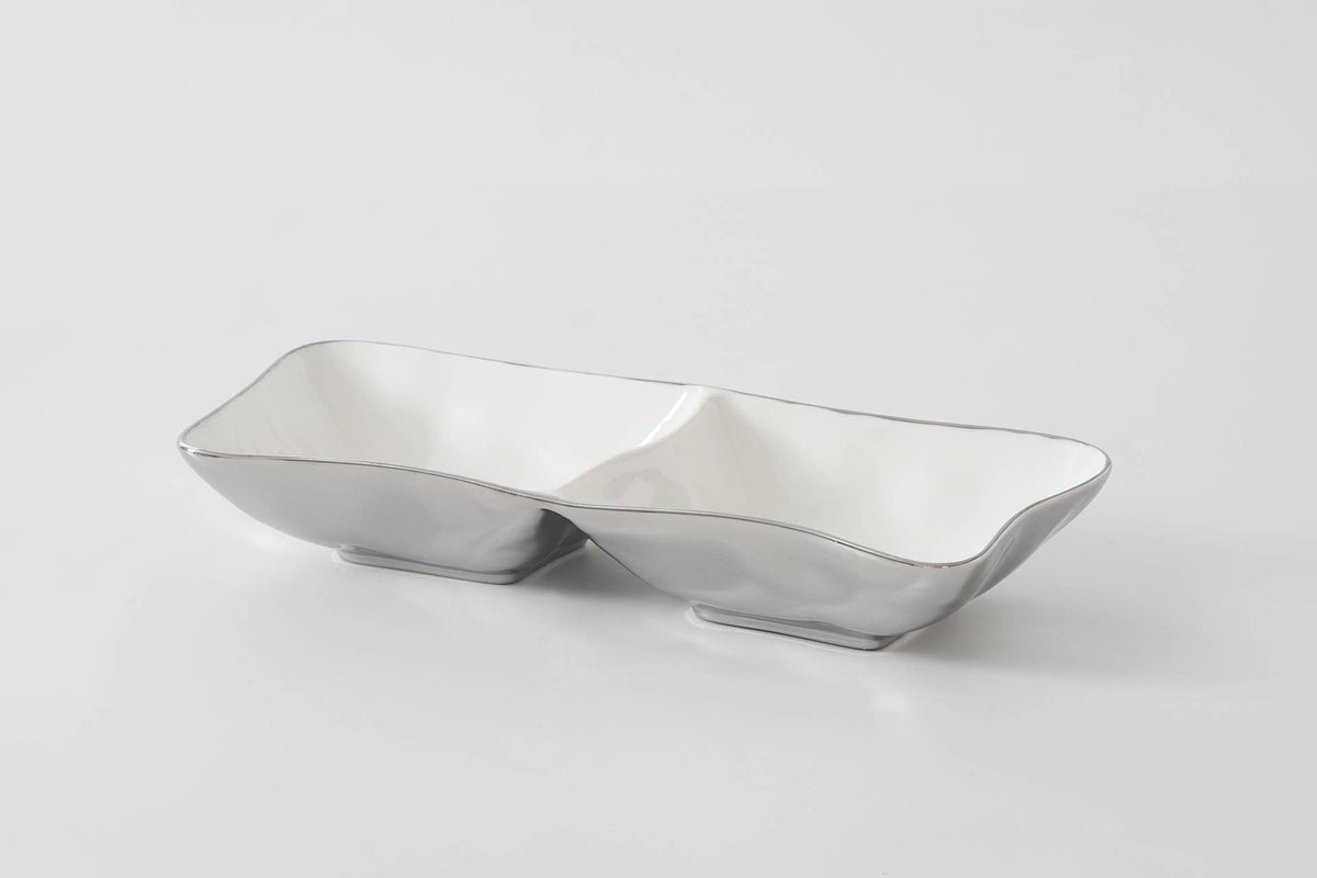 2 Section Server in White and Silver Porcelain dish