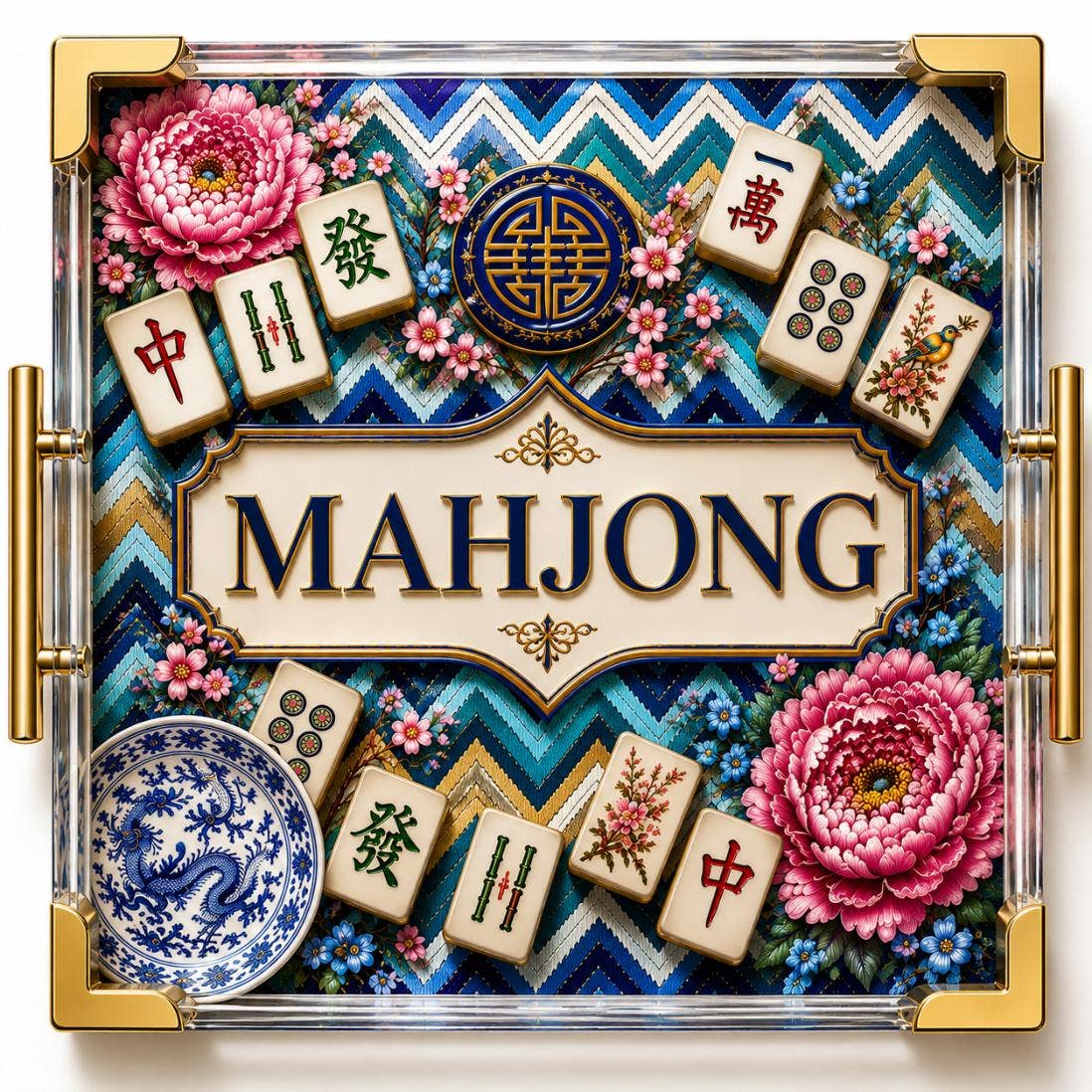 Luxury Mahjong Acrylic Serving Tray – Blue Chinoiserie Decor