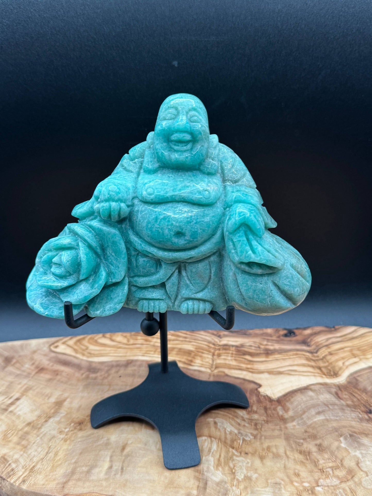 Amazonite Laughing Happy Buddha & Rose Carving L325
