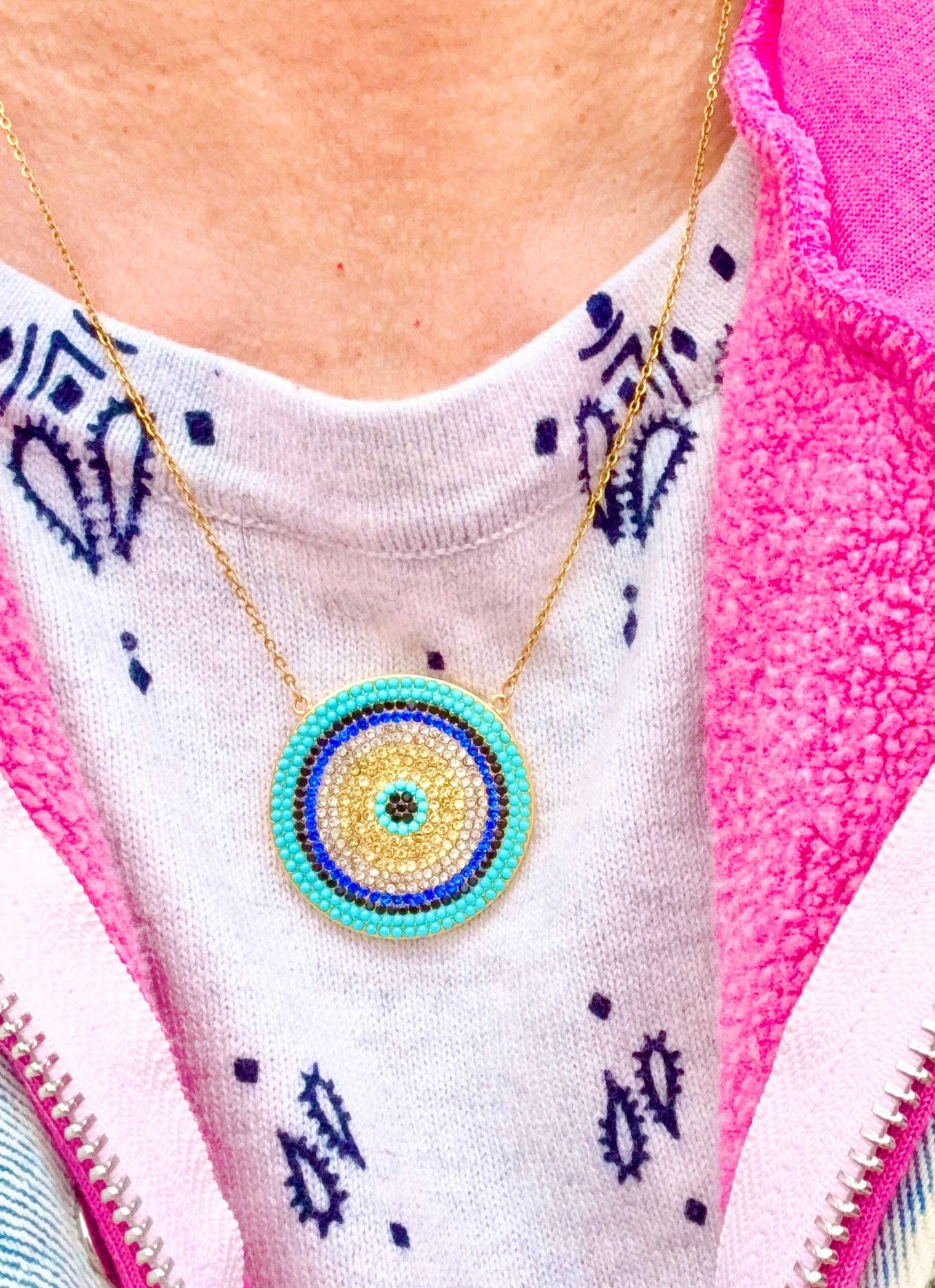 Crystal Blues Disc Necklace (Evil Eye)
