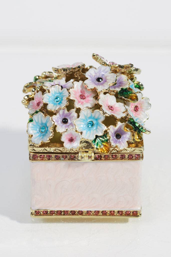 Square Pink Enamel Jewelry Box with Floral Cluster