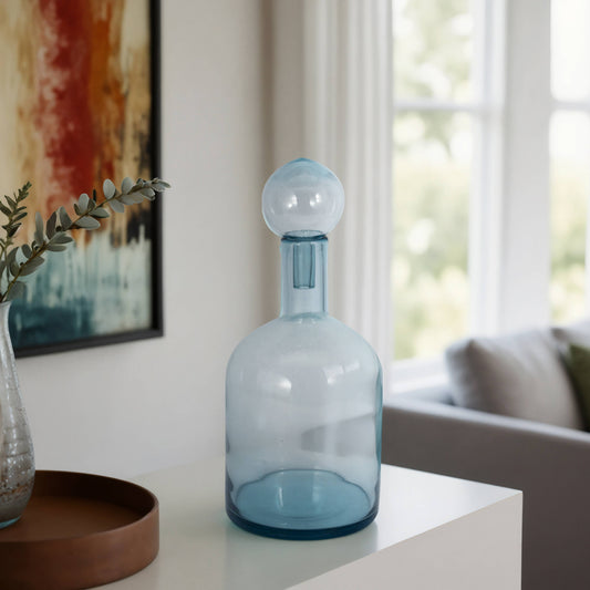 Glass Round Stopper and Cylindrical Body Vase - Blue, 17 in.