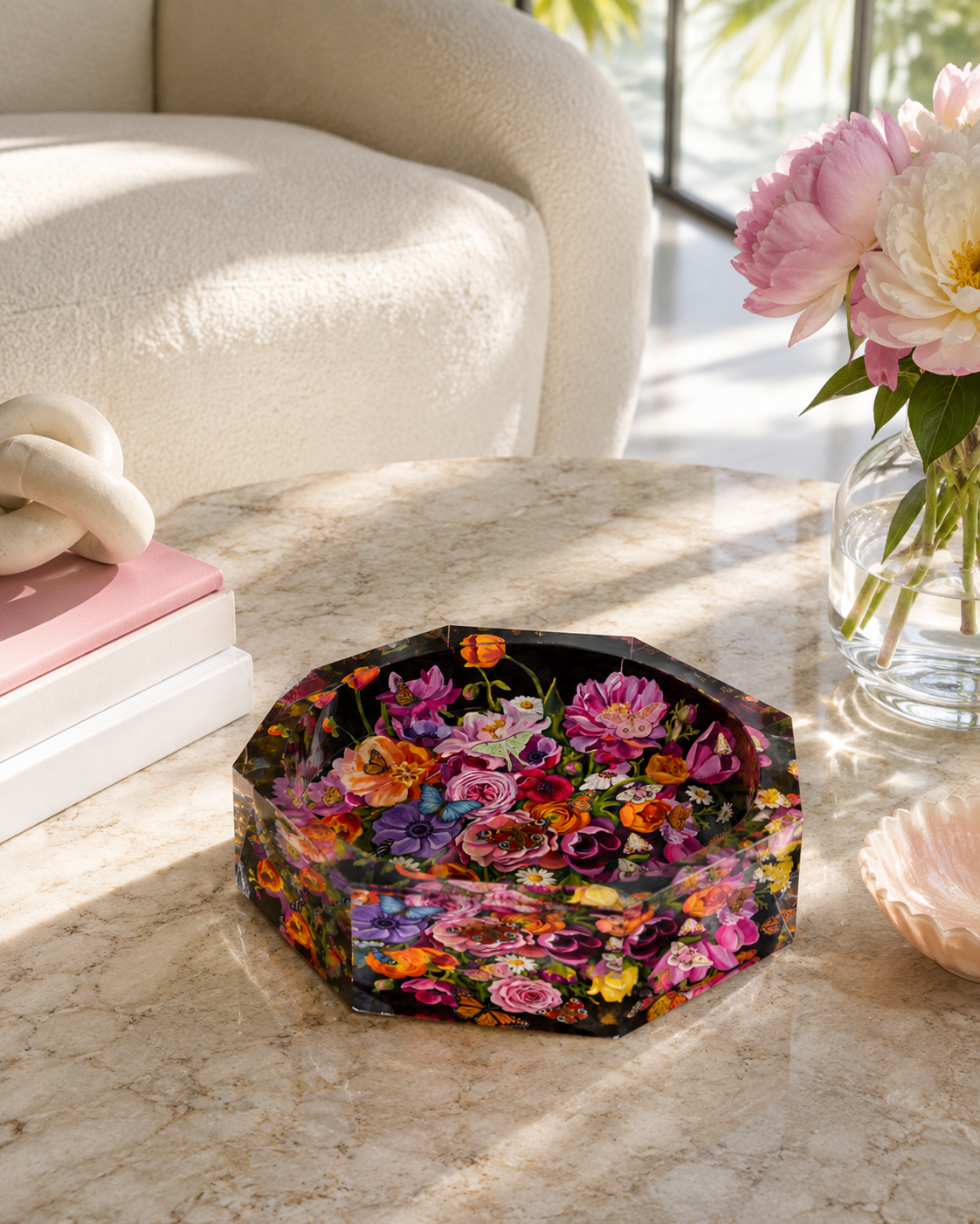 Octagon Acrylic Bowl,  Elegant Floral