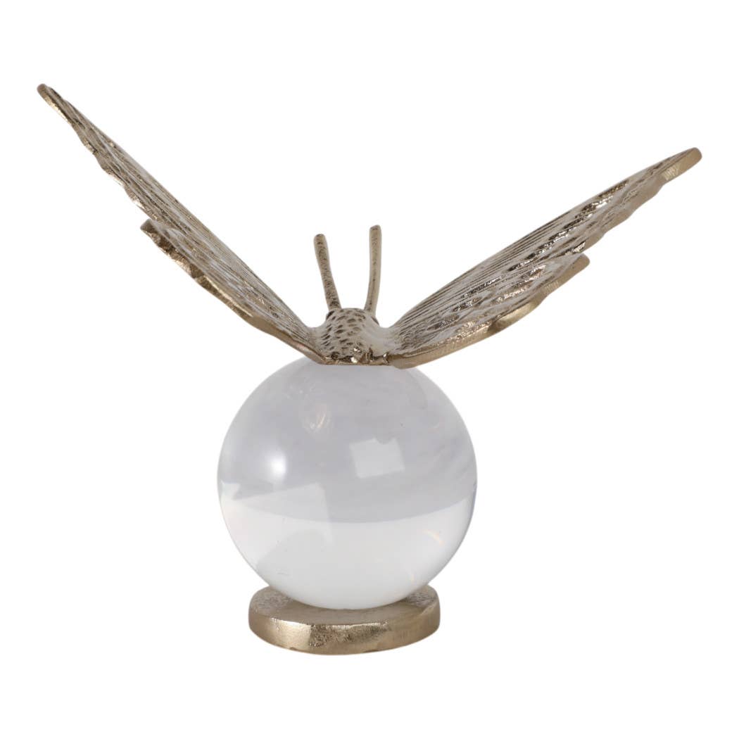 Decorative Object - Gold Metal Butterfly on Glass Orb, 8 in.