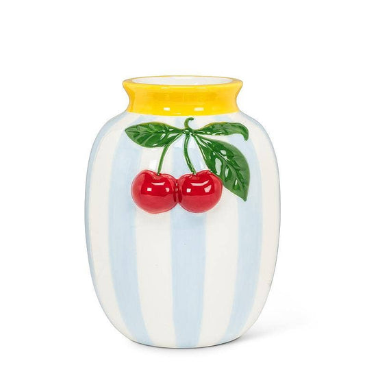 Small Striped Vase with Cherries-6"H