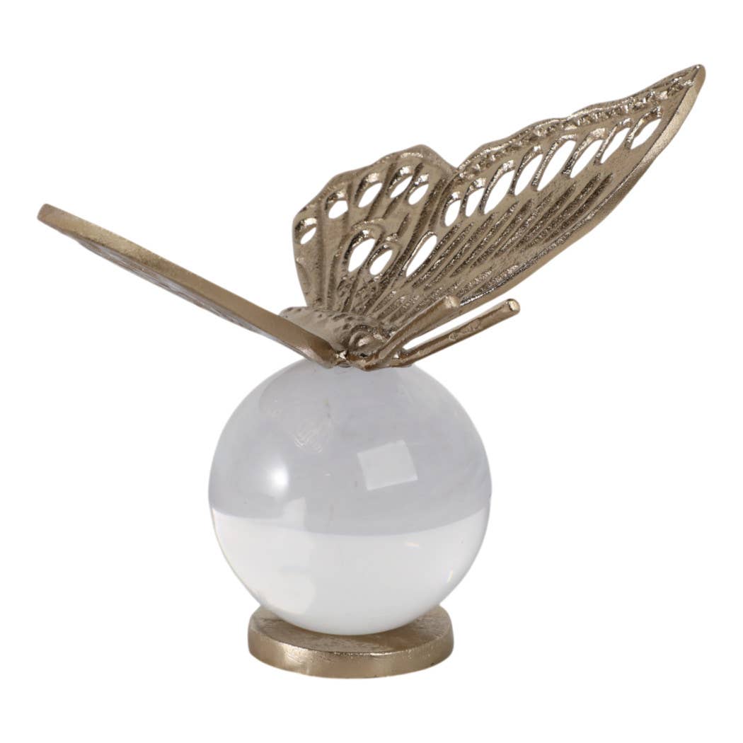 Decorative Object - Gold Metal Butterfly on Glass Orb, 8 in.