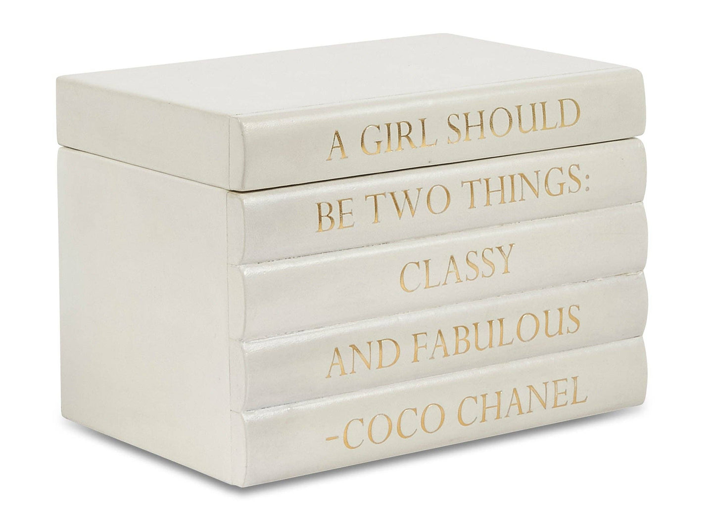 White Leather Book Bound Box with Coco Chanel Quote