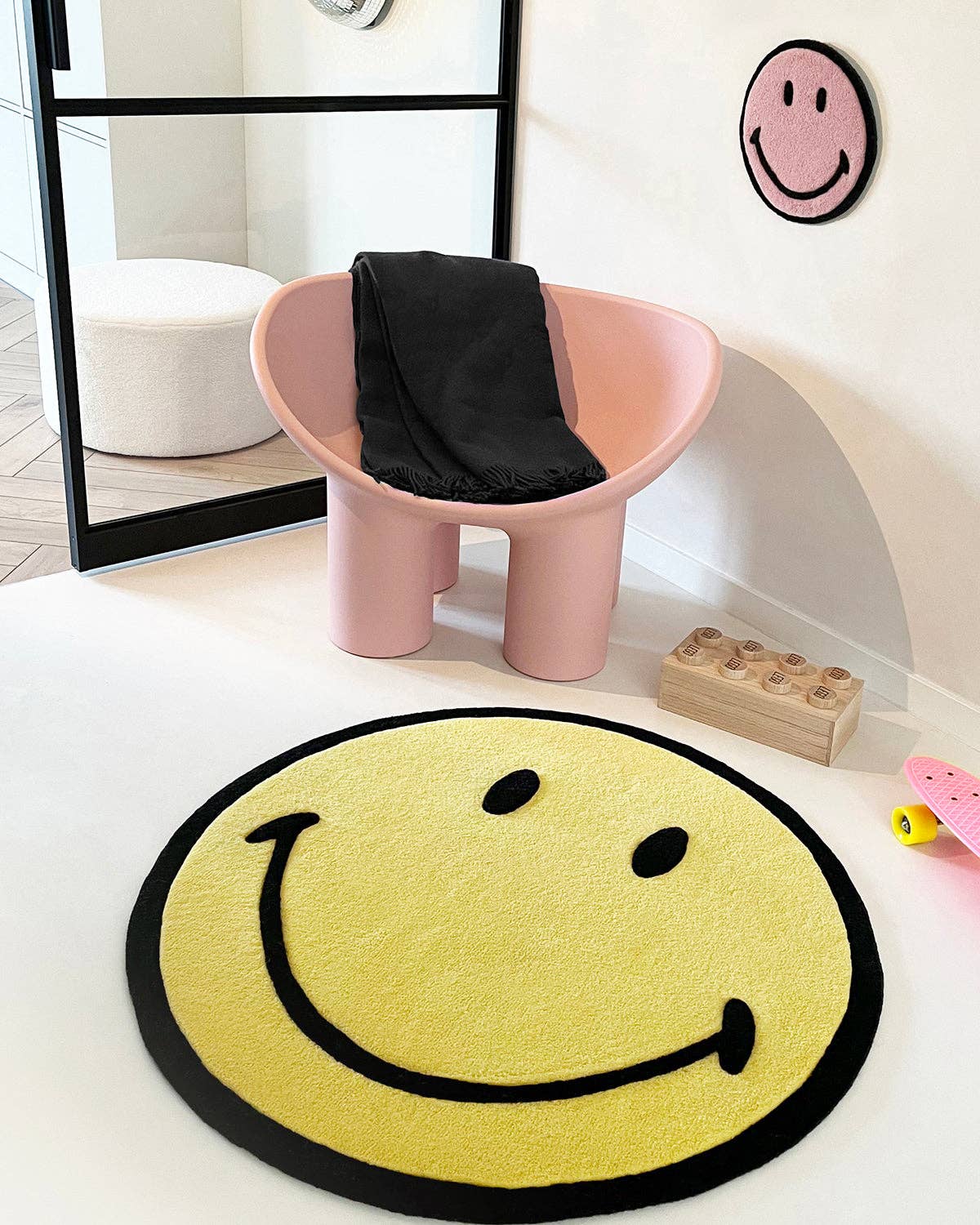 Rug SMILEY Yellow / Black Print Round Diam. 3.2ft