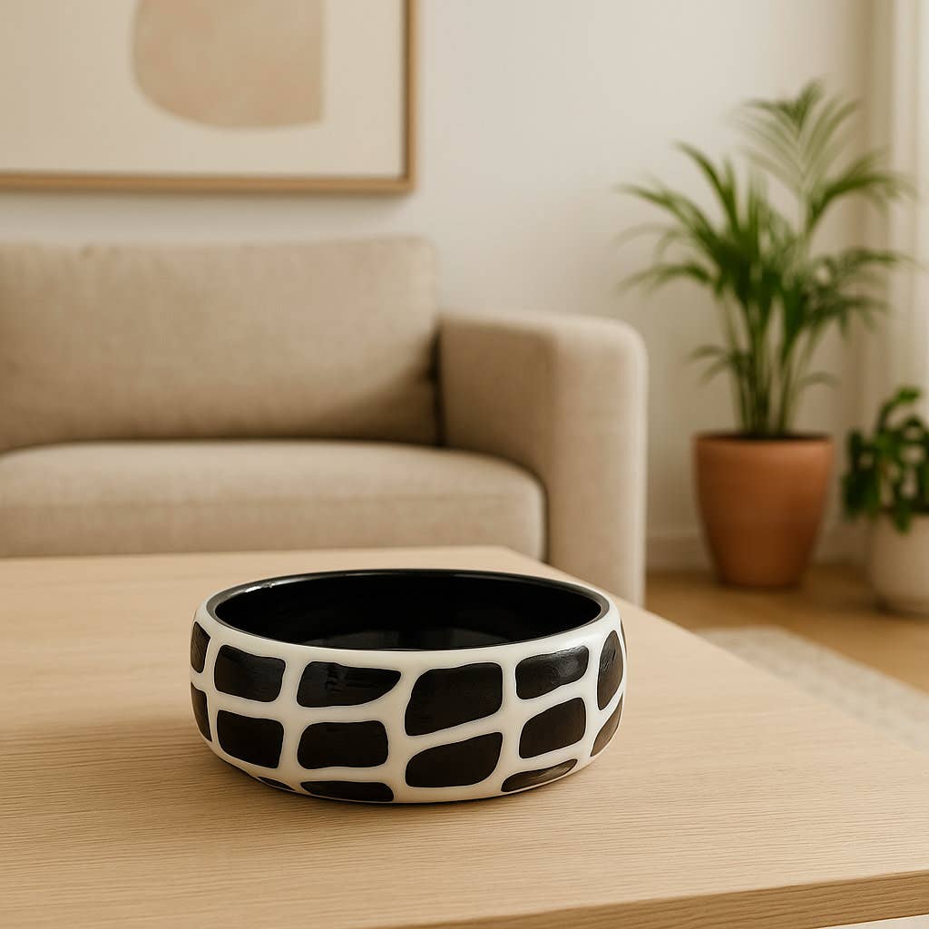 Decorative Bowl - Black/White Glass Abstract Pattern, 15 in.