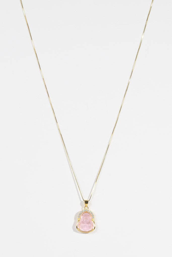 Mini Buddah Charm Necklace - Rose or Clear Quartz
