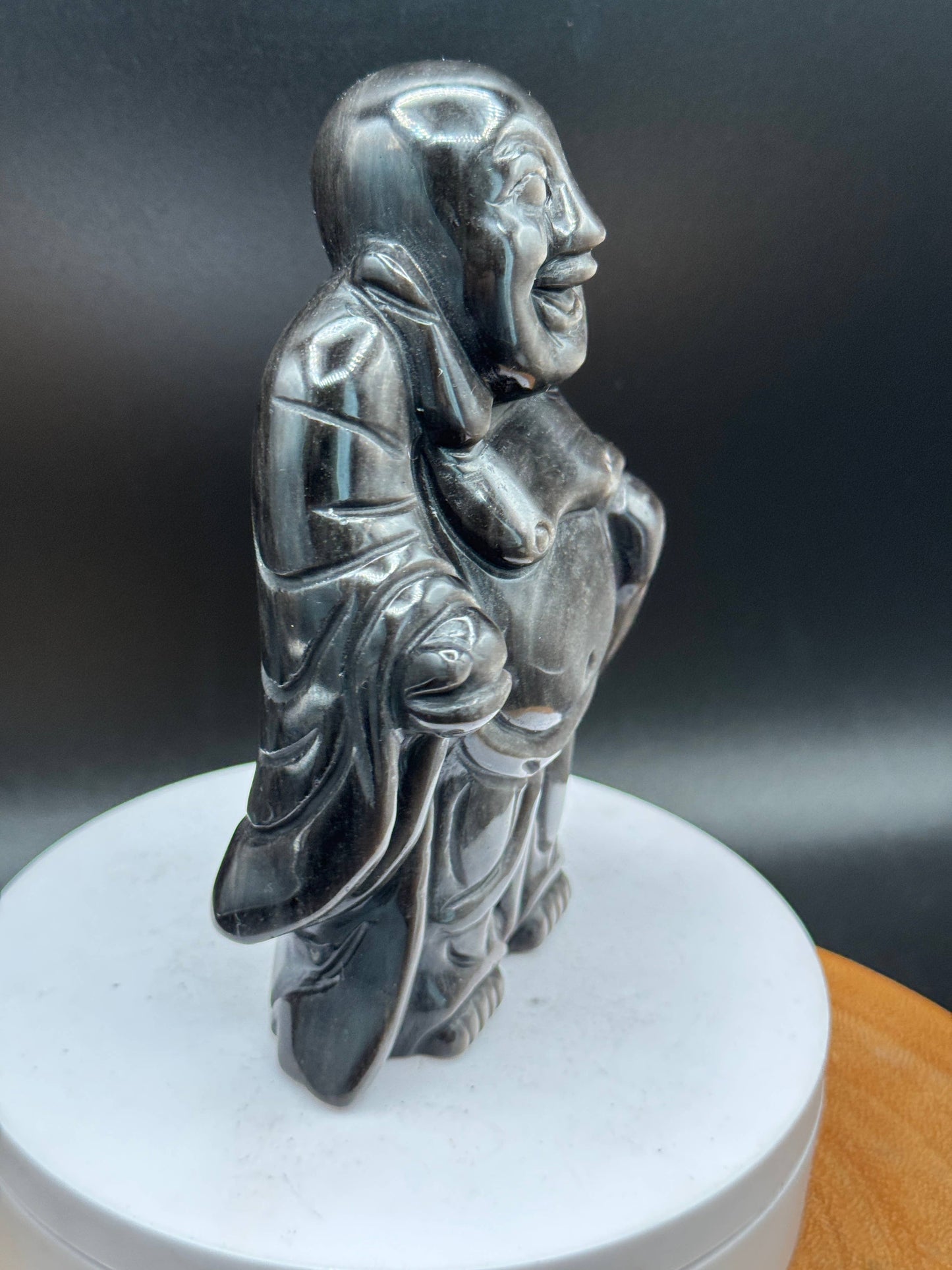 Silver Sheen Obsidian Laughing Happy Buddha carving H249