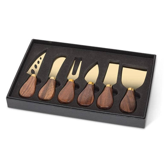 Set of 6 Walnut Handled Cheese Knives-Gold