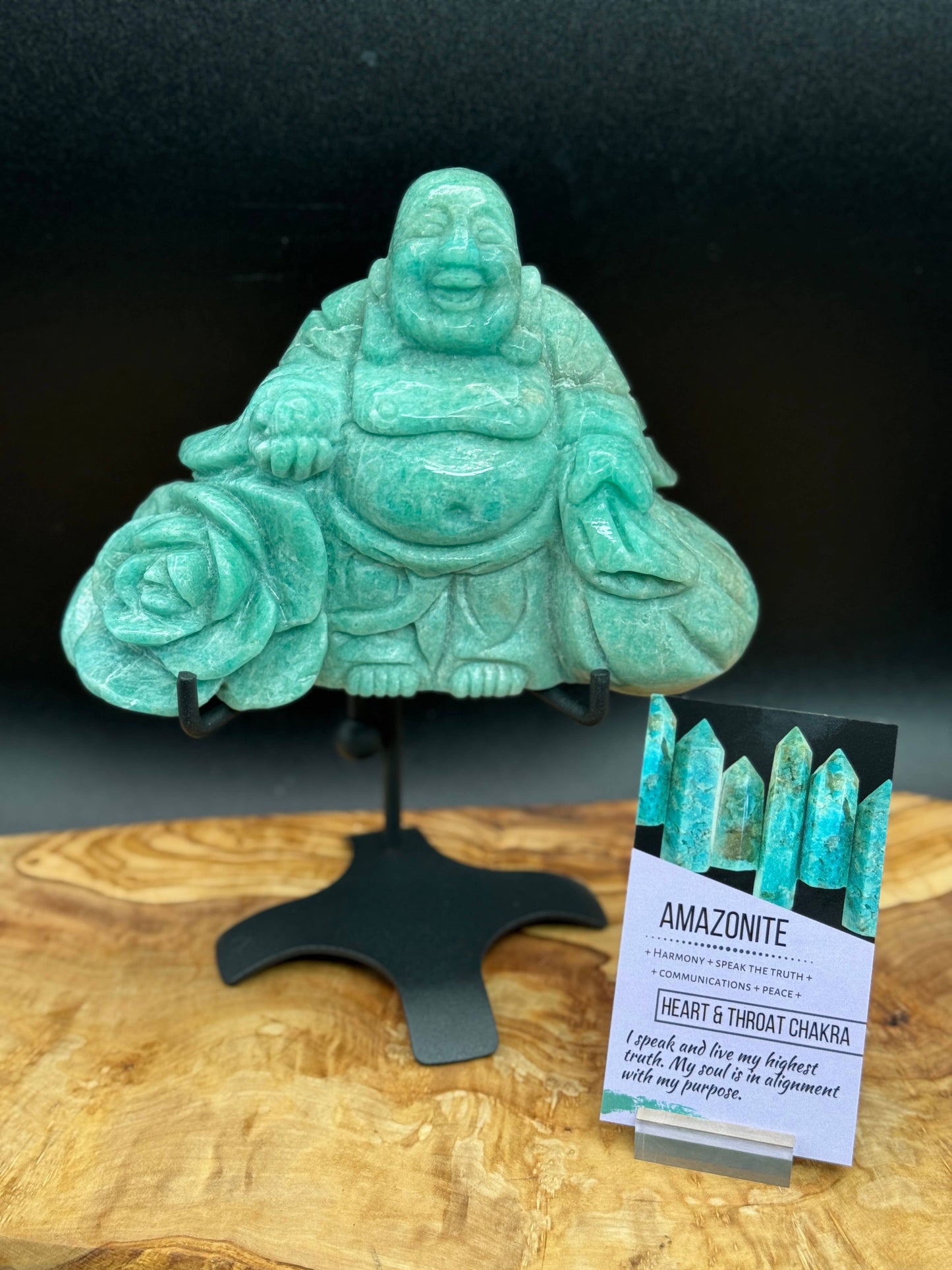 Amazonite Laughing Happy Buddha & Rose Carving L325
