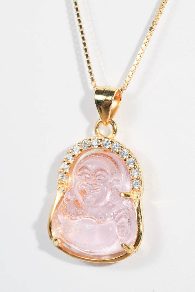 Mini Buddah Charm Necklace - Rose or Clear Quartz