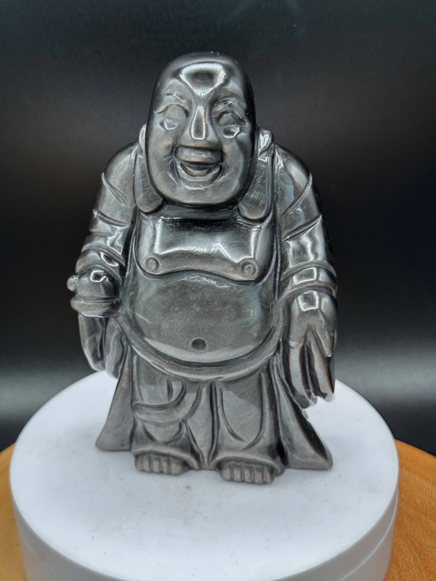 Silver Sheen Obsidian Laughing Happy Buddha carving H249