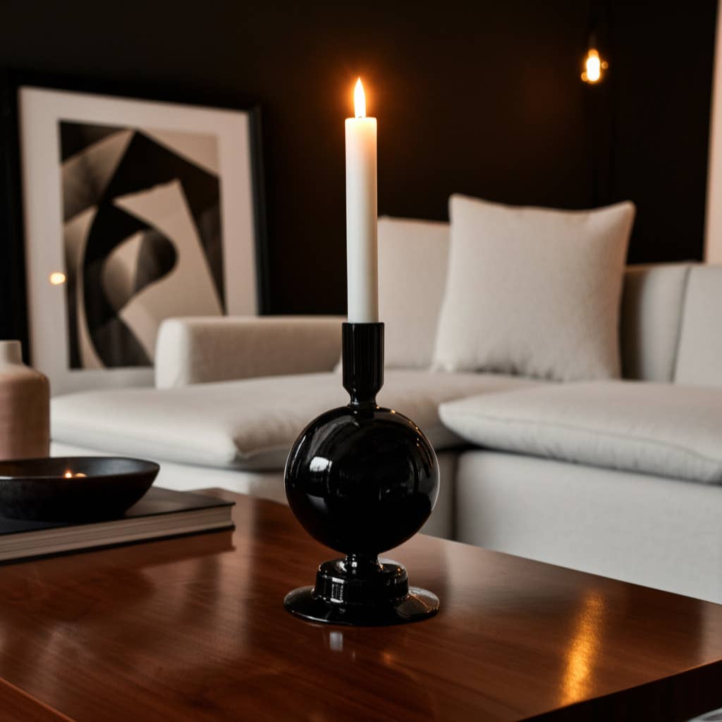 Taper Candle Holder - Black Glass Bubble, 7 in.