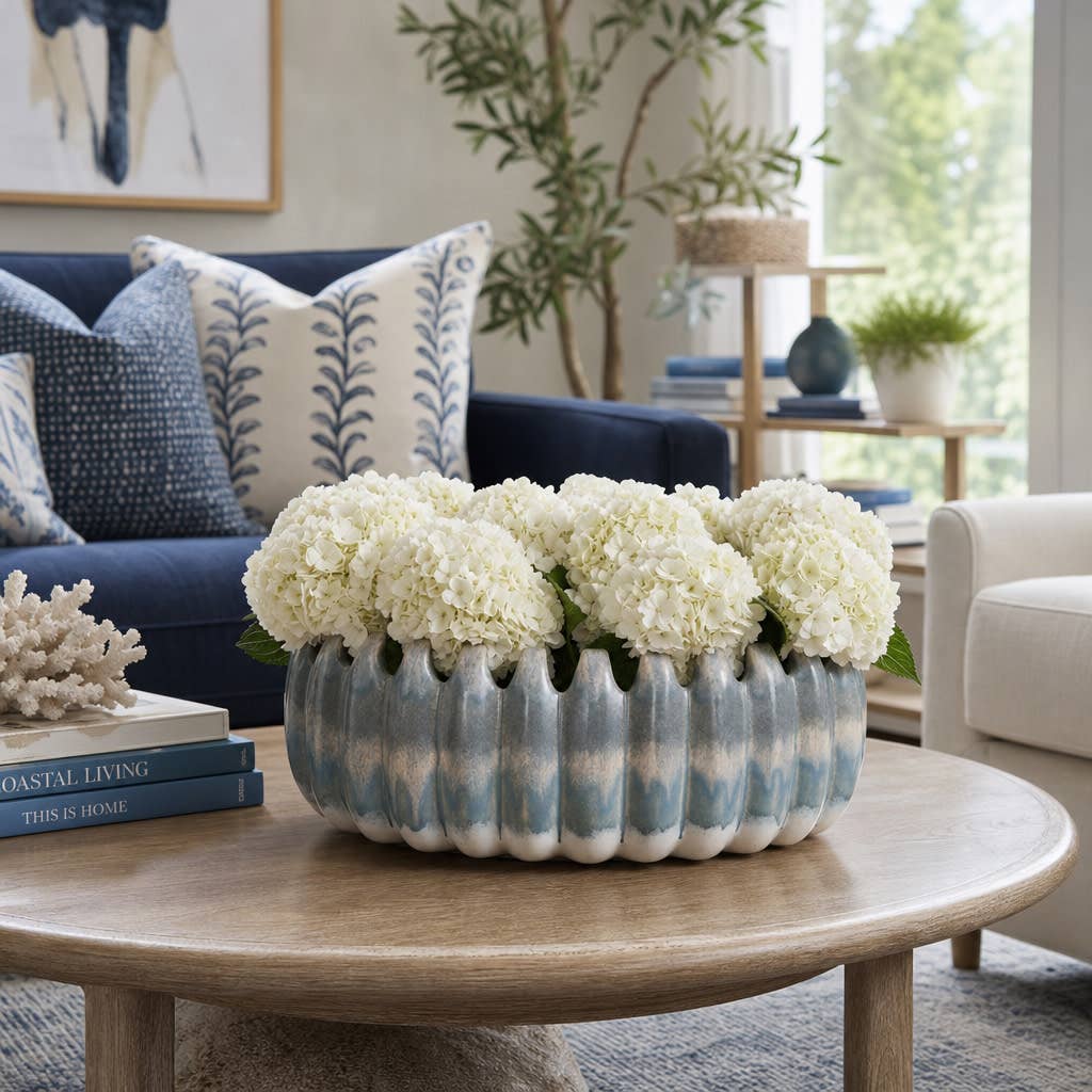 Decorative Bowl - Blue Ceramic Coastal Ombre Style, 17 in.