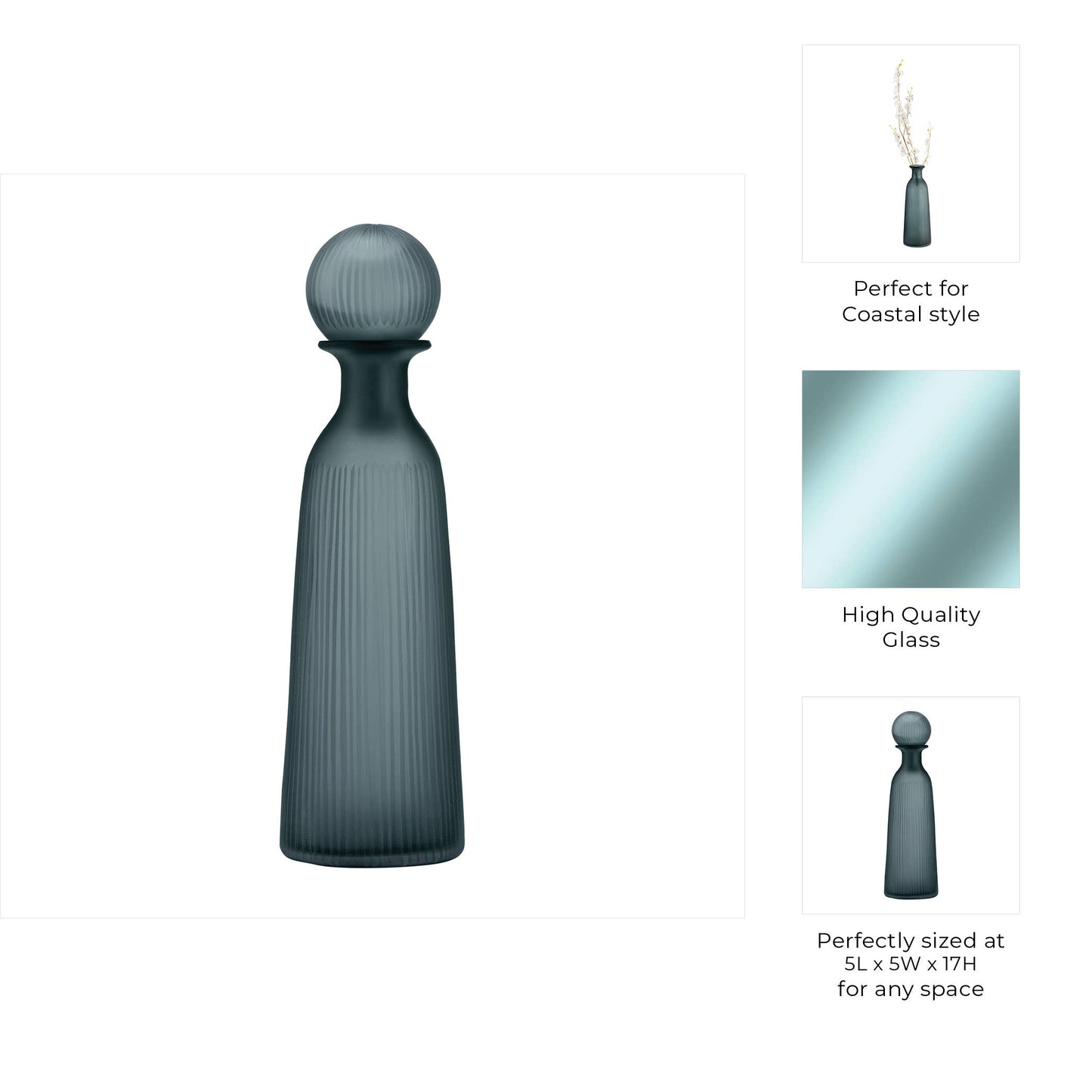 Glass Vertical Ribbed Vase with Stopper- Gray, 17 in.