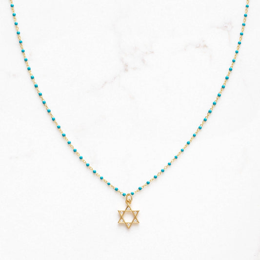 Enamel Beaded Charm Necklace/ Star of David Gold and White