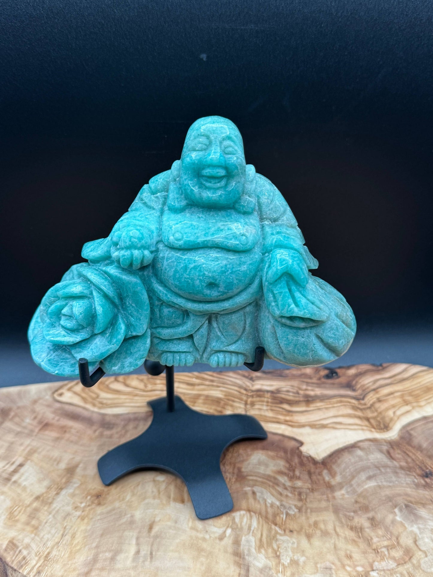 Amazonite Laughing Happy Buddha & Rose Carving L325