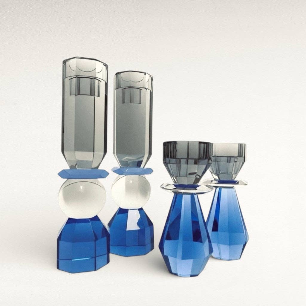 Modern Cut Candle Sticks (Tall)  in Cobalt/ Smoke