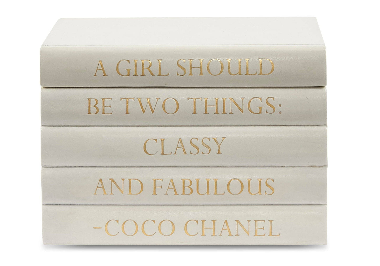 White Leather Book Bound Box with Coco Chanel Quote