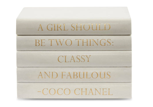 White Leather Book Bound Box with Coco Chanel Quote