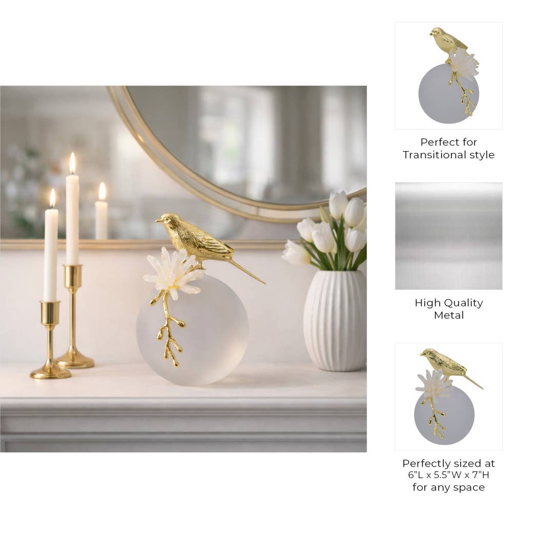 Sculpture - White and Gold Metal Bird on Sphere, 7 in.
