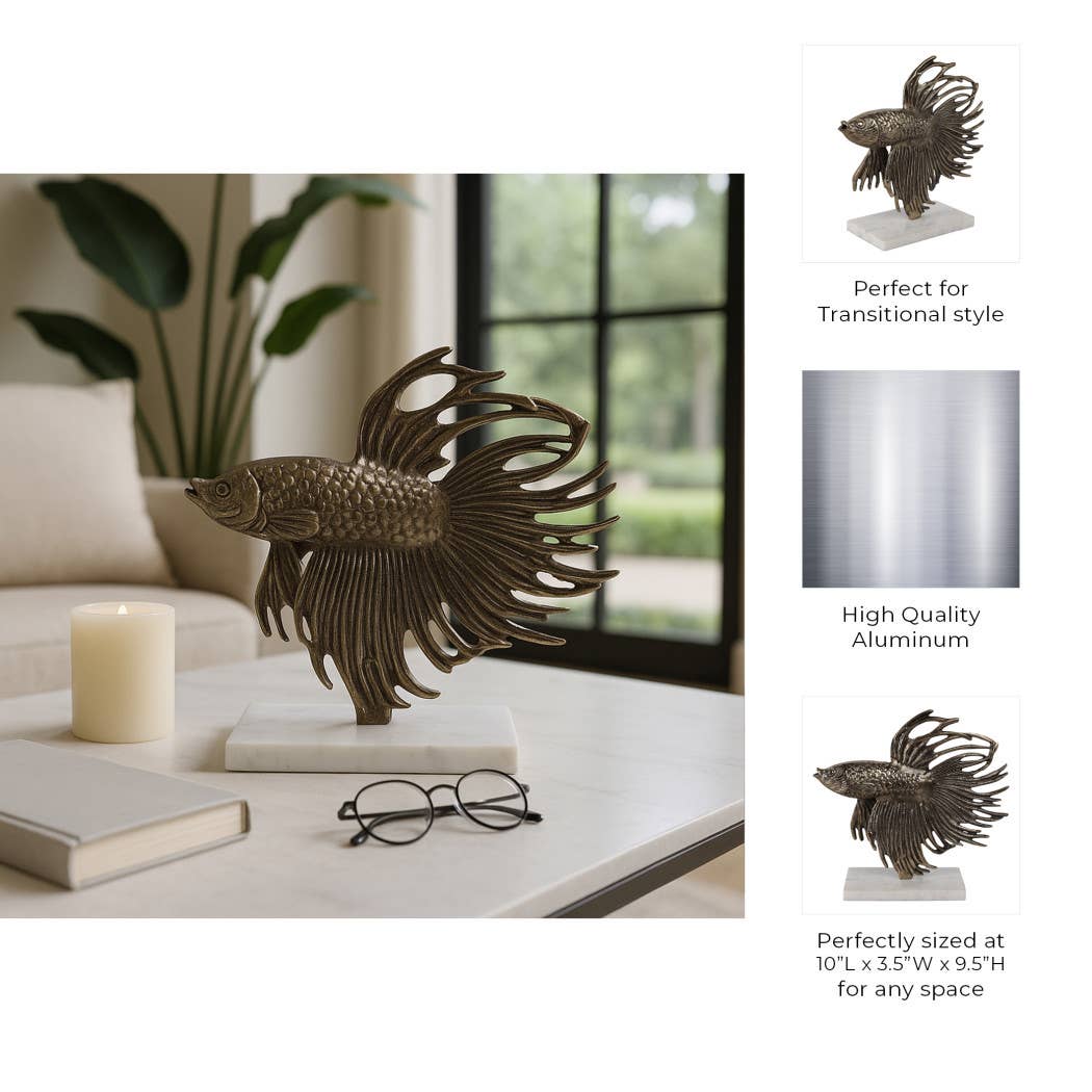 Sculpture - Gold Metal Accomac Fish on Marble Stand