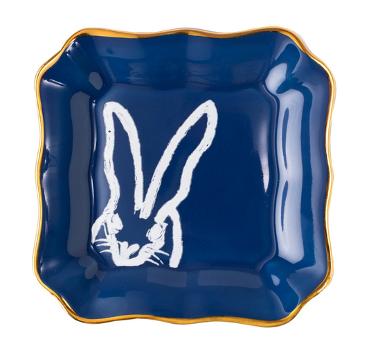 Slonem Bunny Portrait Plate with Hand-Painted Gold Rim - Blue