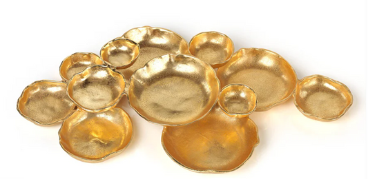 Cluster of 12 Round Serving Bowls Antique Gold Finish 26”x 15”x 2.75”