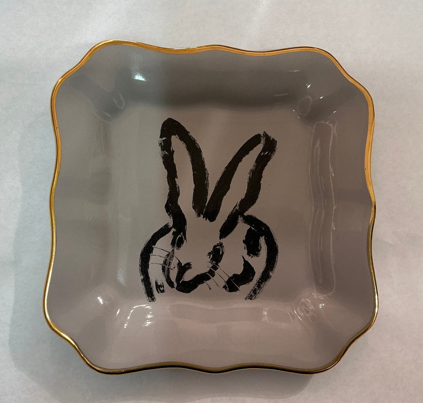 Bunny Portrait Plate with Hand-Painted Gold Rim - Gray