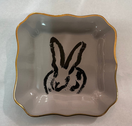 Bunny Portrait Plate with Hand-Painted Gold Rim - Gray