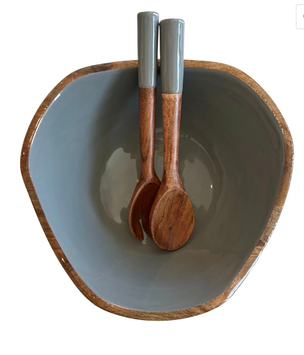 Mango Wood and Enamel Salad Bowl and Servers Set (Gray)