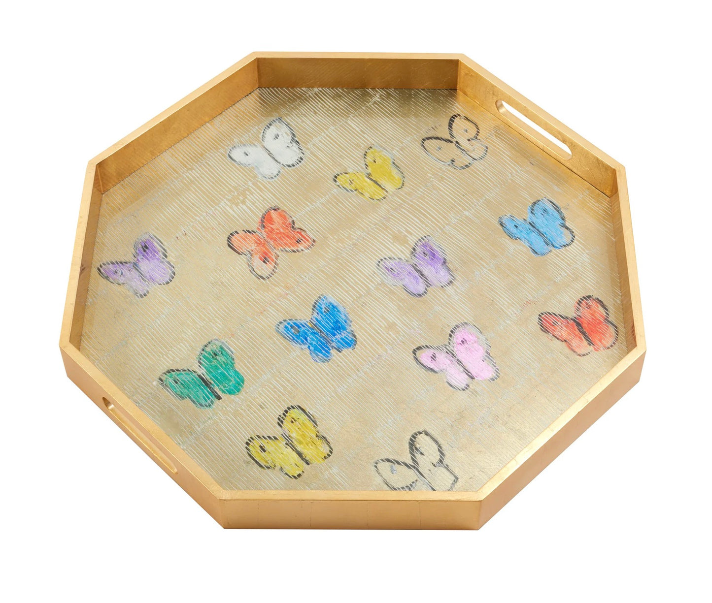 Summer Butterflies Gold Leaf Octagonal Tray by Hunt Slonem