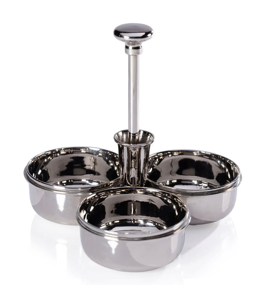 Triple Bowl Condiment Set with Cocktail Pick Holder in Polished Nickel